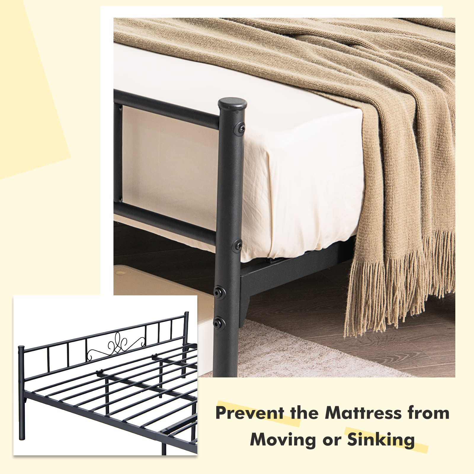 Mattress Foundation w/Heavy Duty Steel Slat Support, No Box Spring Needed