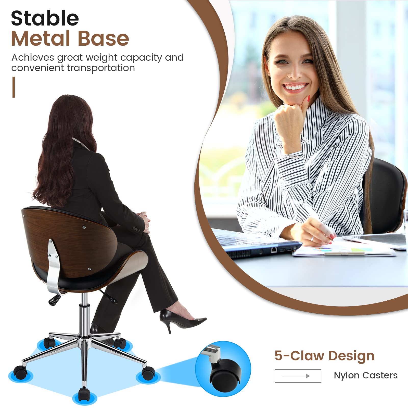 Giantex Home Office Chair, Adjustable Swivel Vanity Chair with Wheels Wing Back Curved Bentwood Seat (Black)