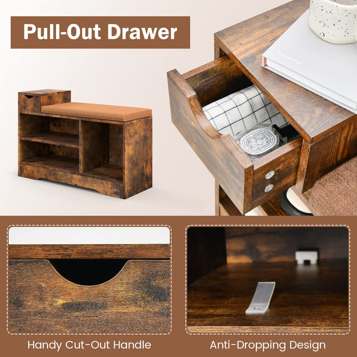 Giantex Industrial Shoe Storage Bench - Entryway Shoe Bench with Removable Cushion, Storage Drawer, Rustic Brow