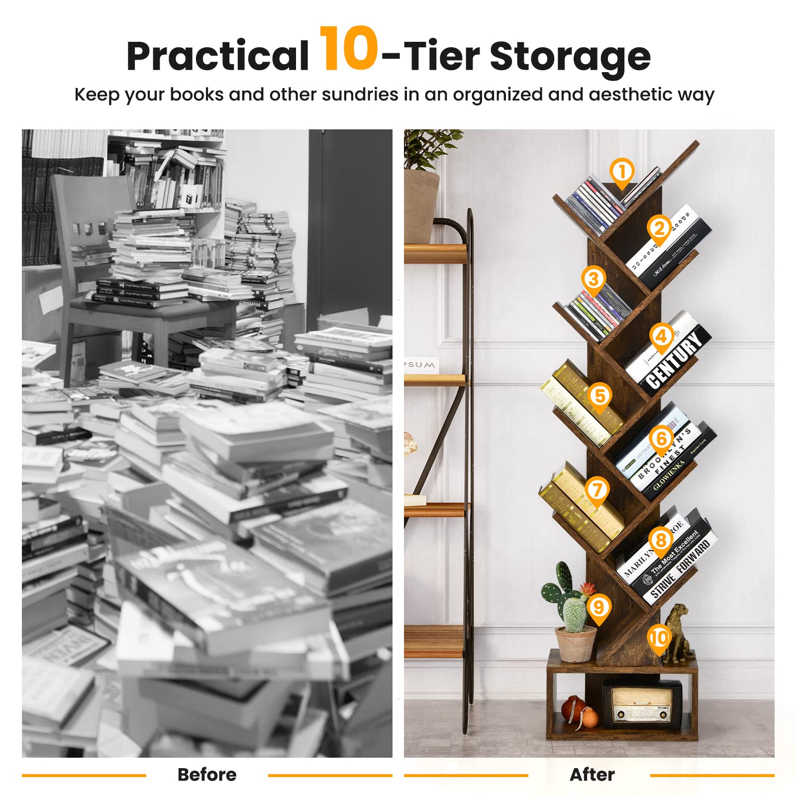 Giantex Tree Bookshelf with Drawer, 10 Shelf Space Saving