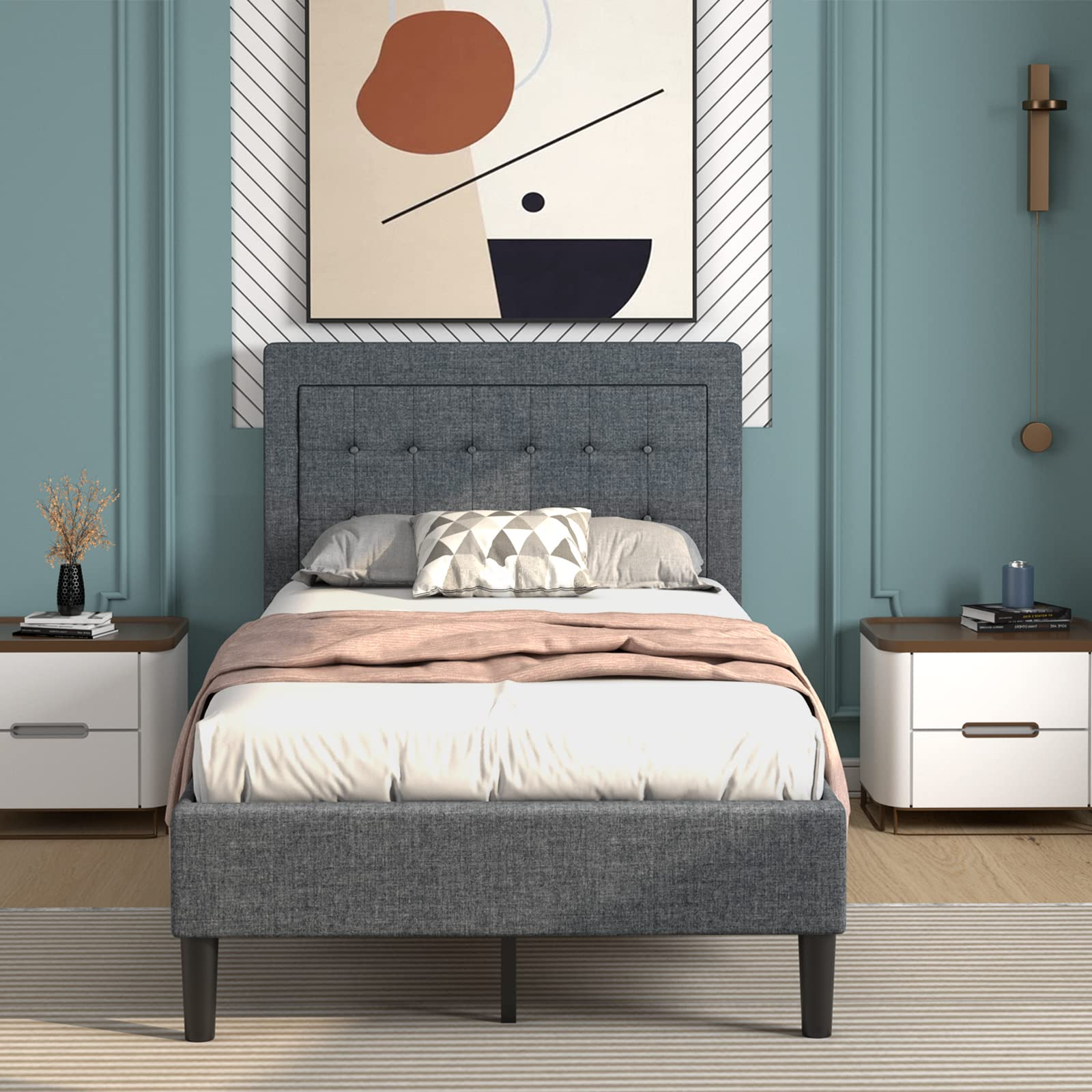 Modern Platform Bed w/Button Tufted Headboard | Upholstered Bed Frame