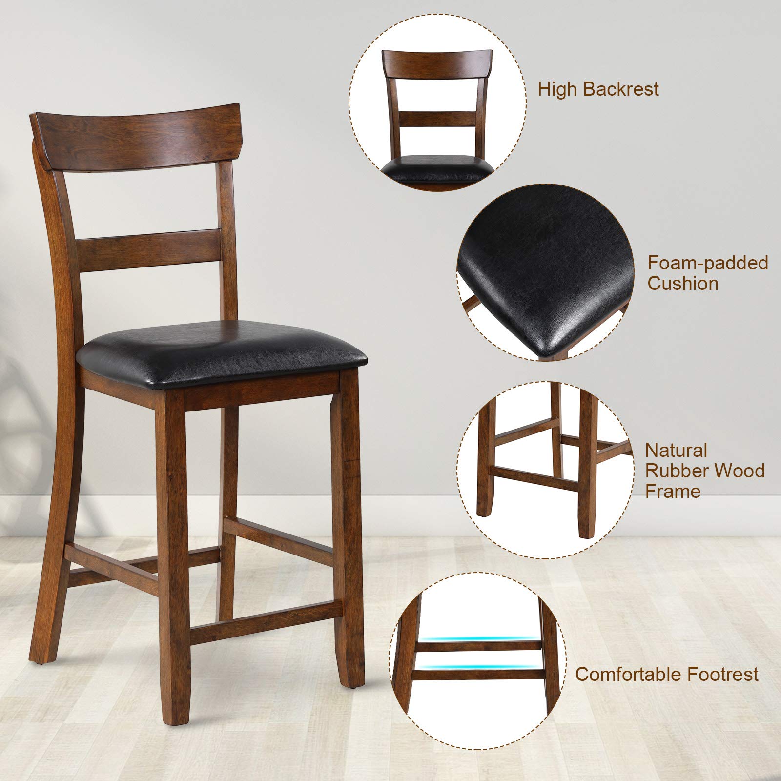 Giantex 25.5-Inch Counter Height Chair with Backrest, Foam-Padded Cushion, Rubber Wood Legs