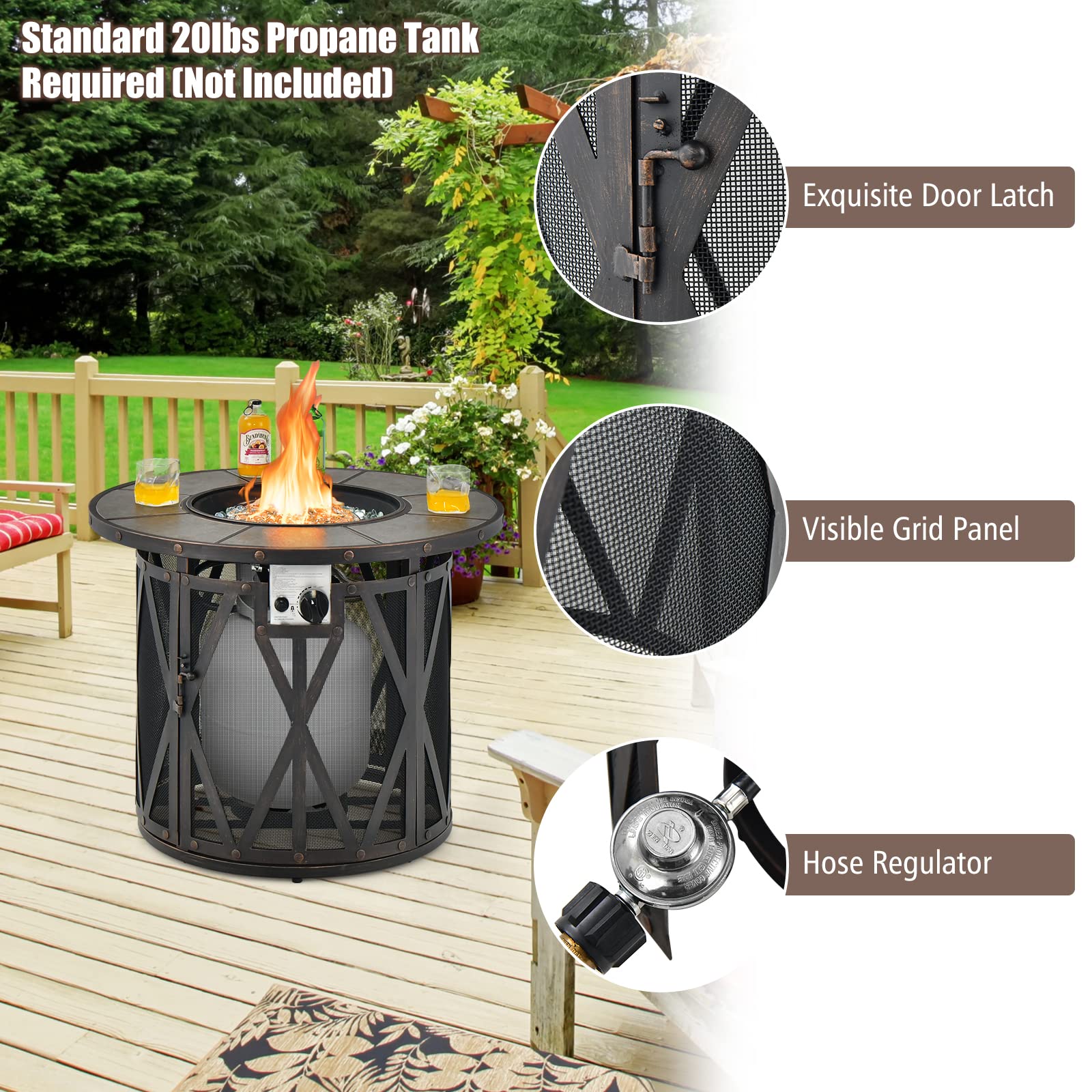 Giantex 32" Gas Fire Pit Table - 30,000 BTU Round Outdoor Fire Pit with Lid, PVC Cover, Glass Stones, Black