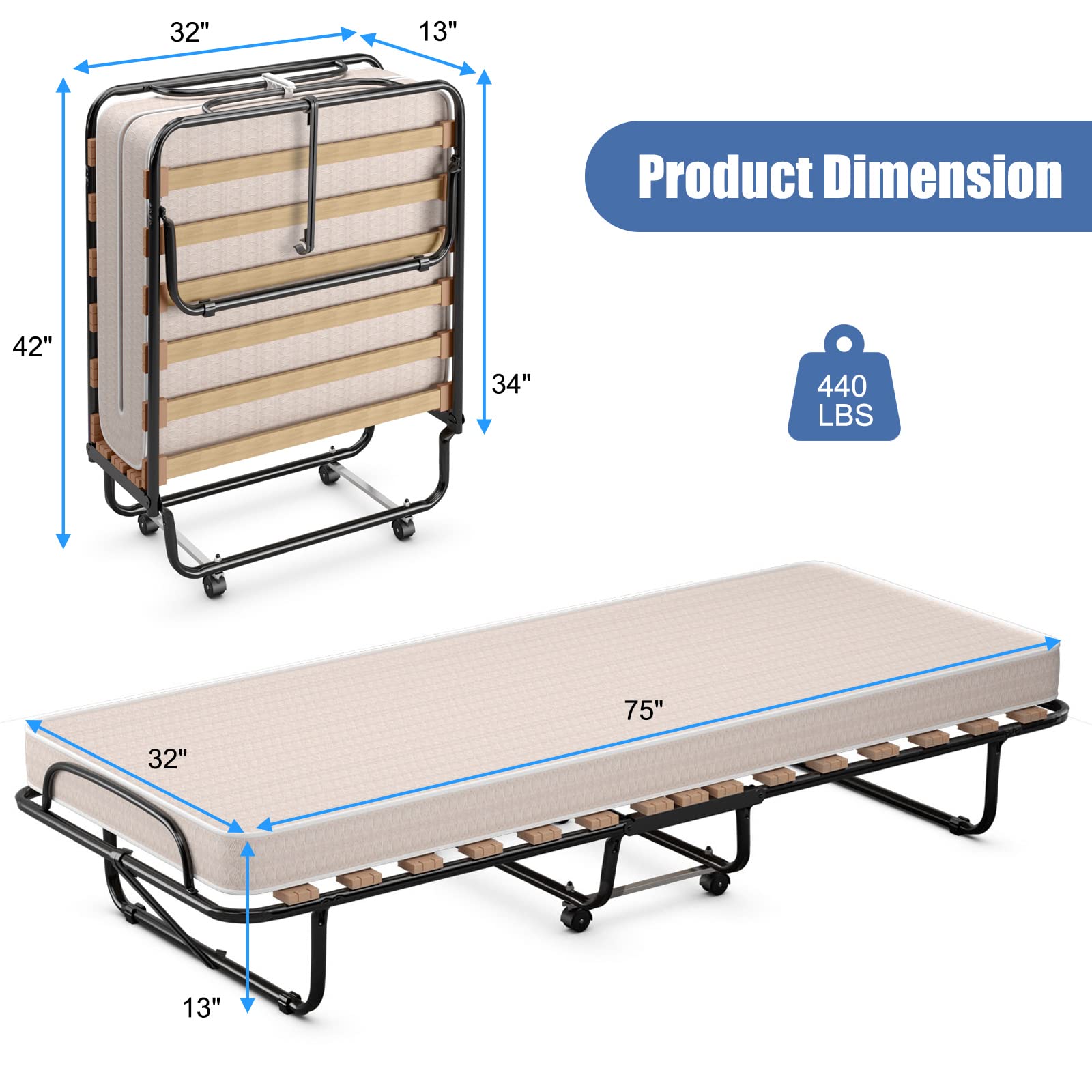 Giantex Folding Bed with Mattress for Adults, 75" x 32" Rollaway Guest Beds w/ 3 Inch Foam Mattress & Sturdy Metal Frame