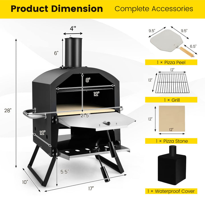Giantex Outdoor Pizza Oven Wood Fired, 2-Layer Pizza Maker with Pizza Stone, Pizza Peel (Black)