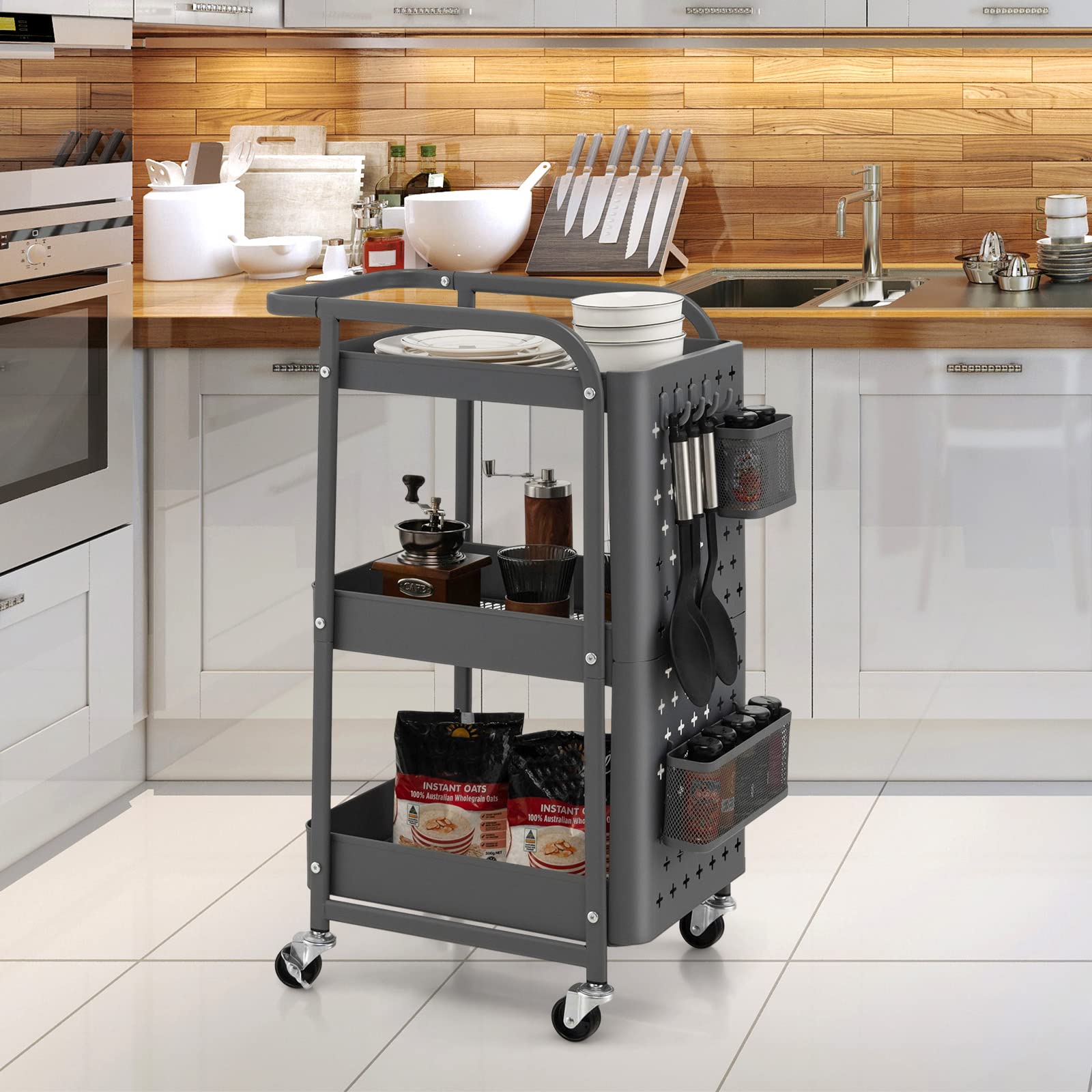 Giantex 3-Tier Utility Cart, Rolling Storage Organizer w/ Pegboards, 2 Mesh Baskets, 4 Hanging Hooks, Art Craft Trolley
