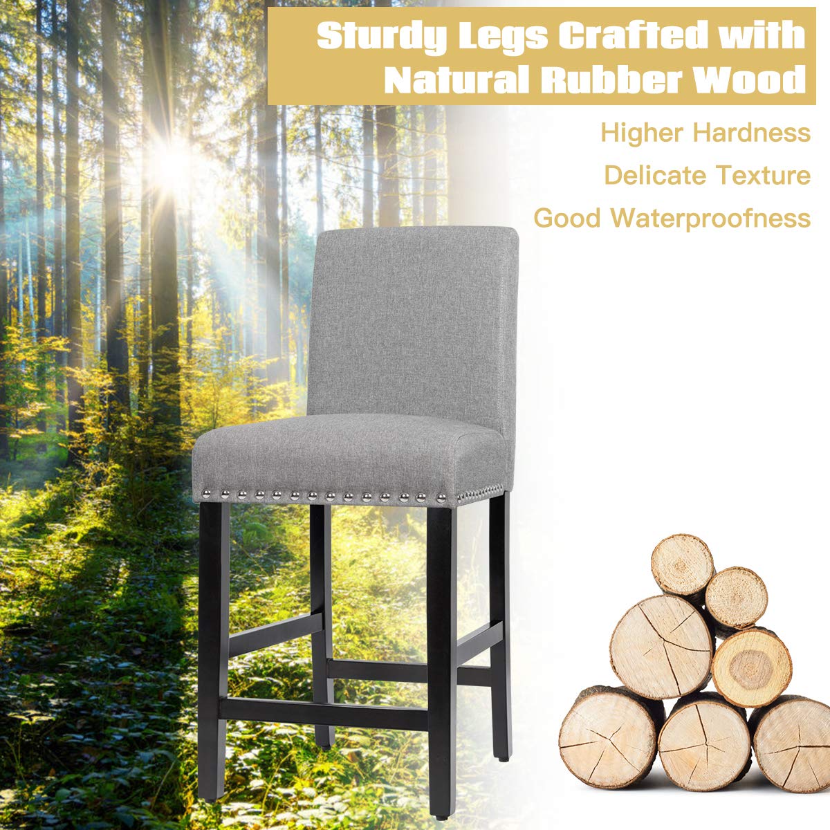 Giantex Upholstered Counter Height Bar Stools w/ Rubber Wood Legs, Breathable Linen Fabric