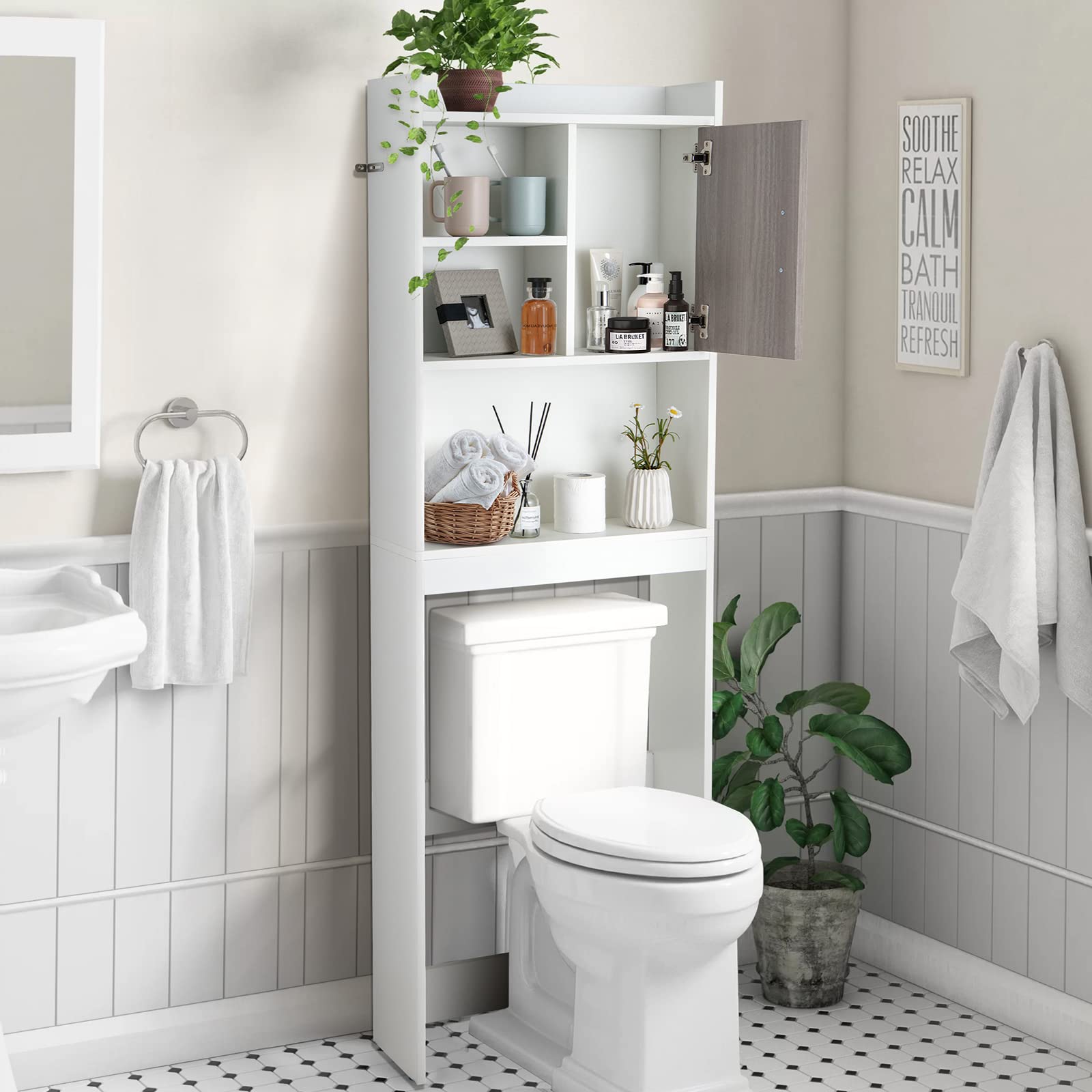  Giantex Over The Toilet Storage Cabinet with 2 Doors and  Adjustable Shelves, Space-Saving Rack Bathroom Shelf with Paper Holder,  Freestanding Bathroom Storage Over The Toilet for Small Space, White : Home