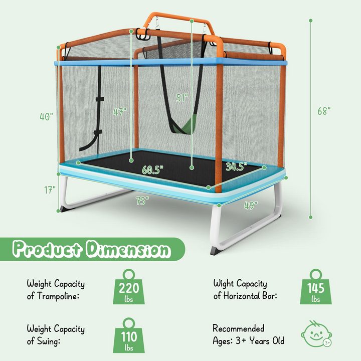 Giantex 6Ft Kids Trampoline with Swing and Horizontal Bar