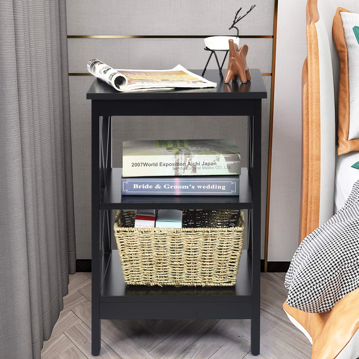 Nightstand 3-Tier X-Design W/Storage Shelves and Stable Structure Storage Organizer Display Sofa Side Table