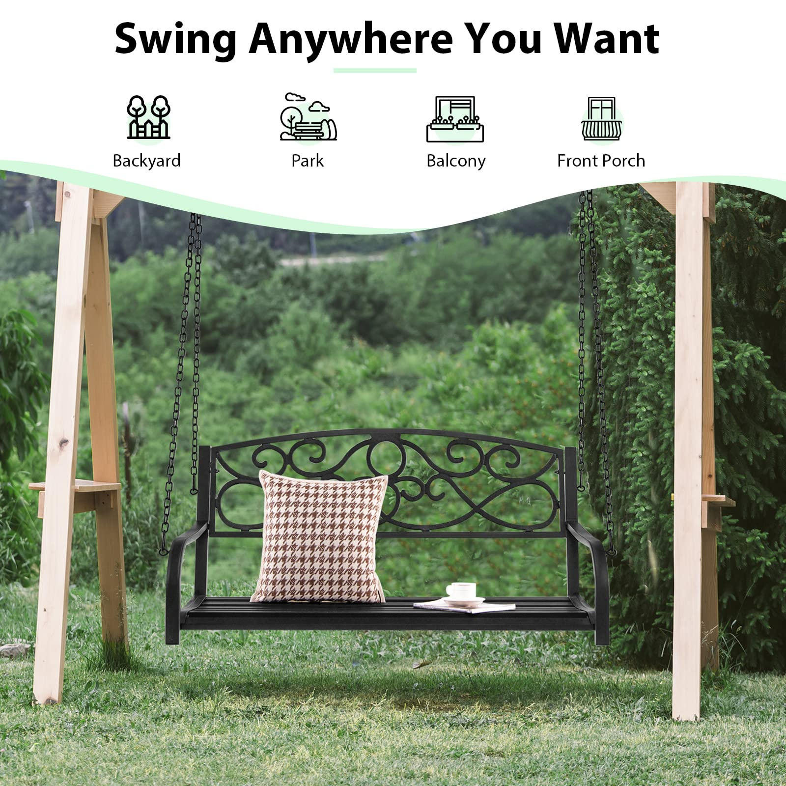 Metal Porch Swings 2 Person Outdoor Hanging Garden Bench with Sturdy Chains