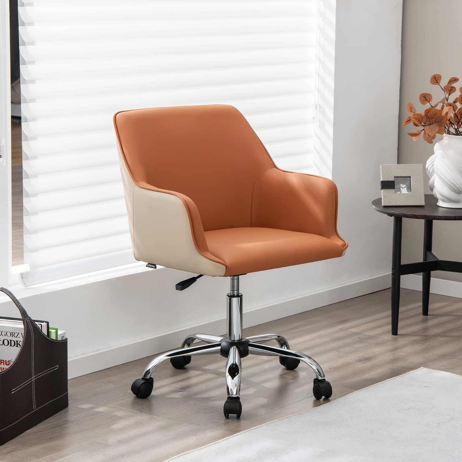 Giantex Home Office Desk Chair, Upholstered PU Leather Task Chair, Orange & Beige