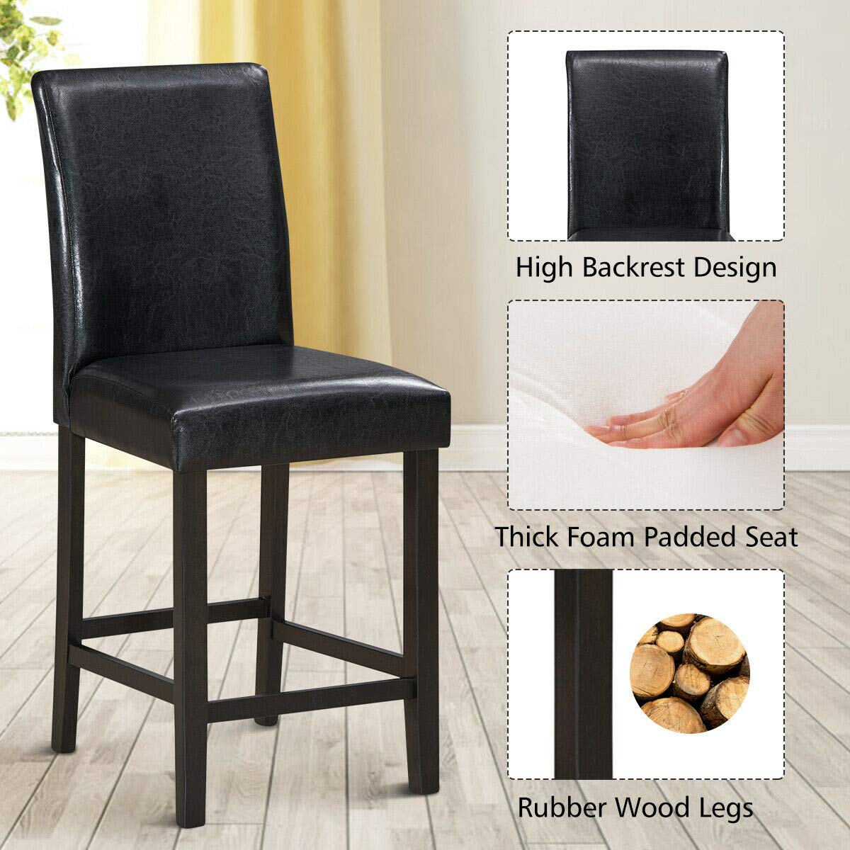 Giantex 25 inch Wooden Vintage Bar Chairs, Counter Stools w/ Upholstered Foam Cushion & Solid Rubber Wood Legs