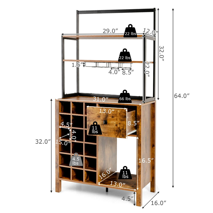 Giantex Sideboard with Hutch, 18 Bottles Wood Wine Rack, 1 Drawer, Standing 4-Tier Bakers Rack with Glass Holder