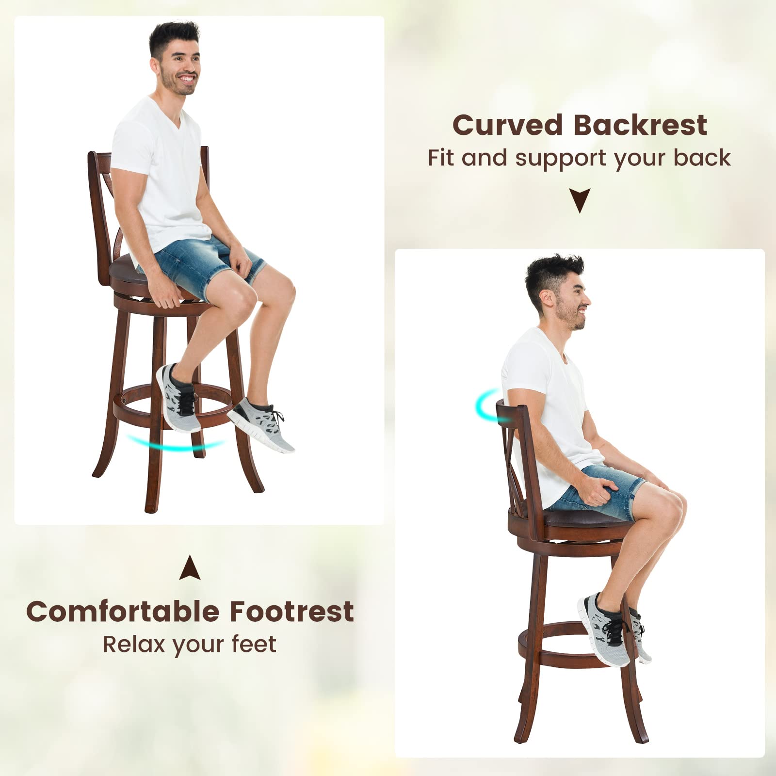 Giantex Brown Bar Stools PU Leather Cushioned Seat and Footrests, for Kitchen Island
