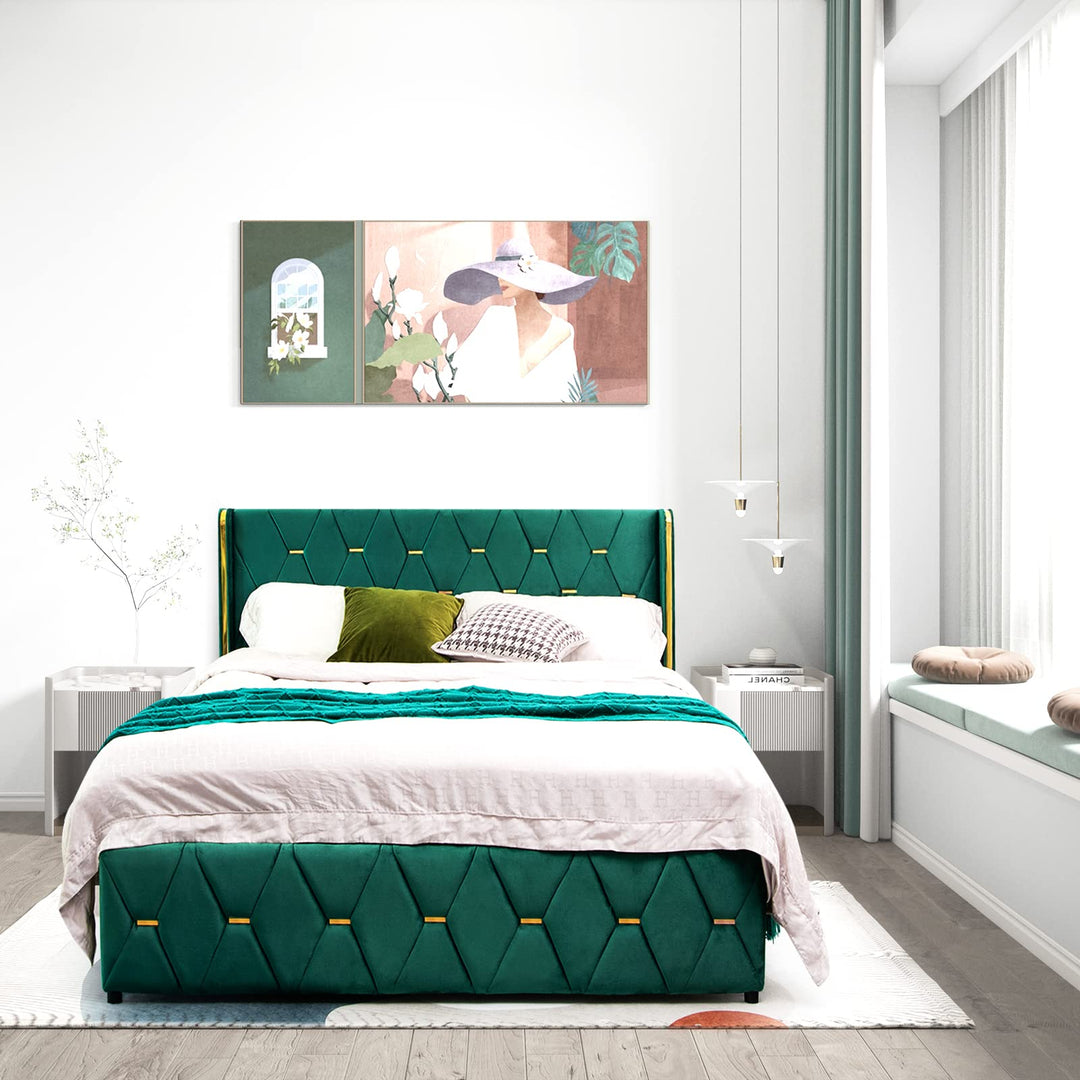Giantex Upholstered Platform Bed Frame, Full Size Bed with Adjustable Headboard & Wooden Slat Support