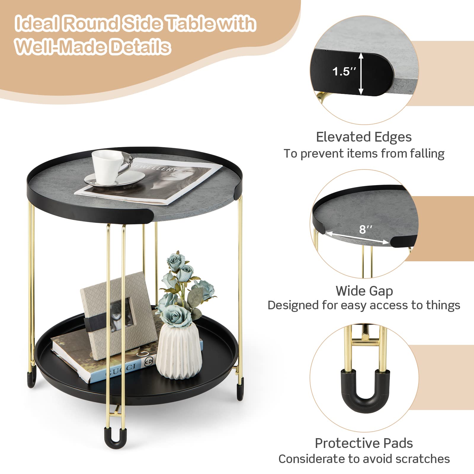 Giantex Modren Side Table, Faux Marble End Table with Golden Frame and Removable Tray