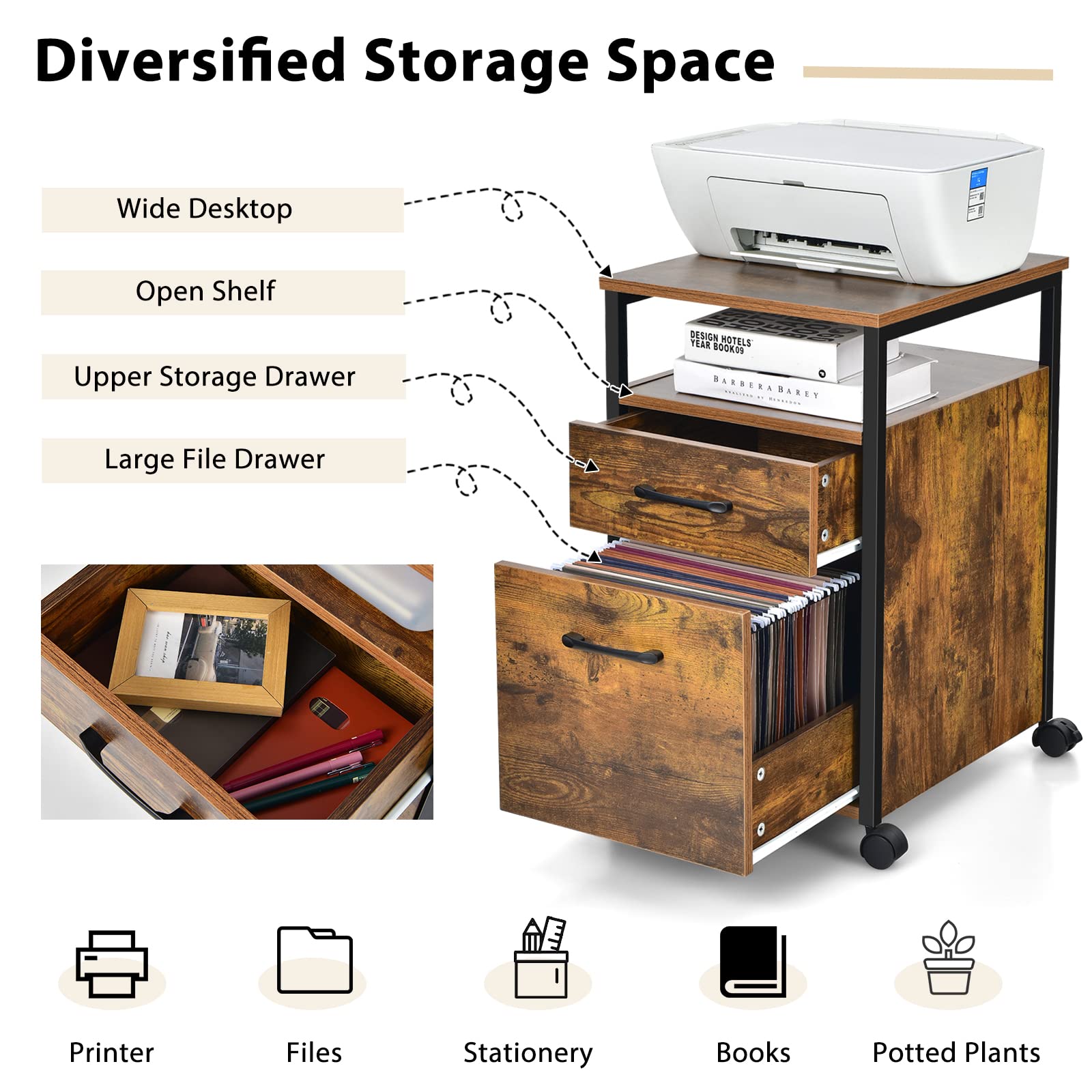 Giantex 2-Drawer Rolling File Cabinet, Under Desk File Cabinet Printer Stand on Wheels, Rustic Brown