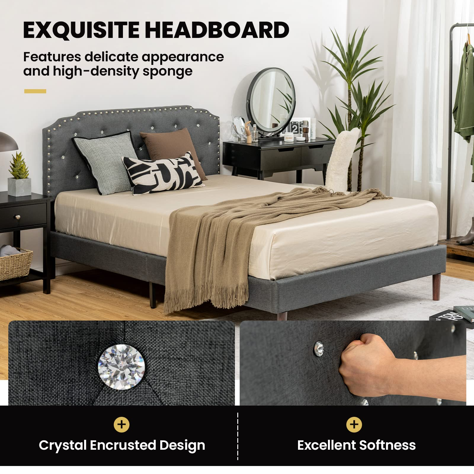 Upholstered Bed Frame w/ Adjustable Headboard, Crystal Tufted Soft Platform Bed Frame w/ Wooden Slats
