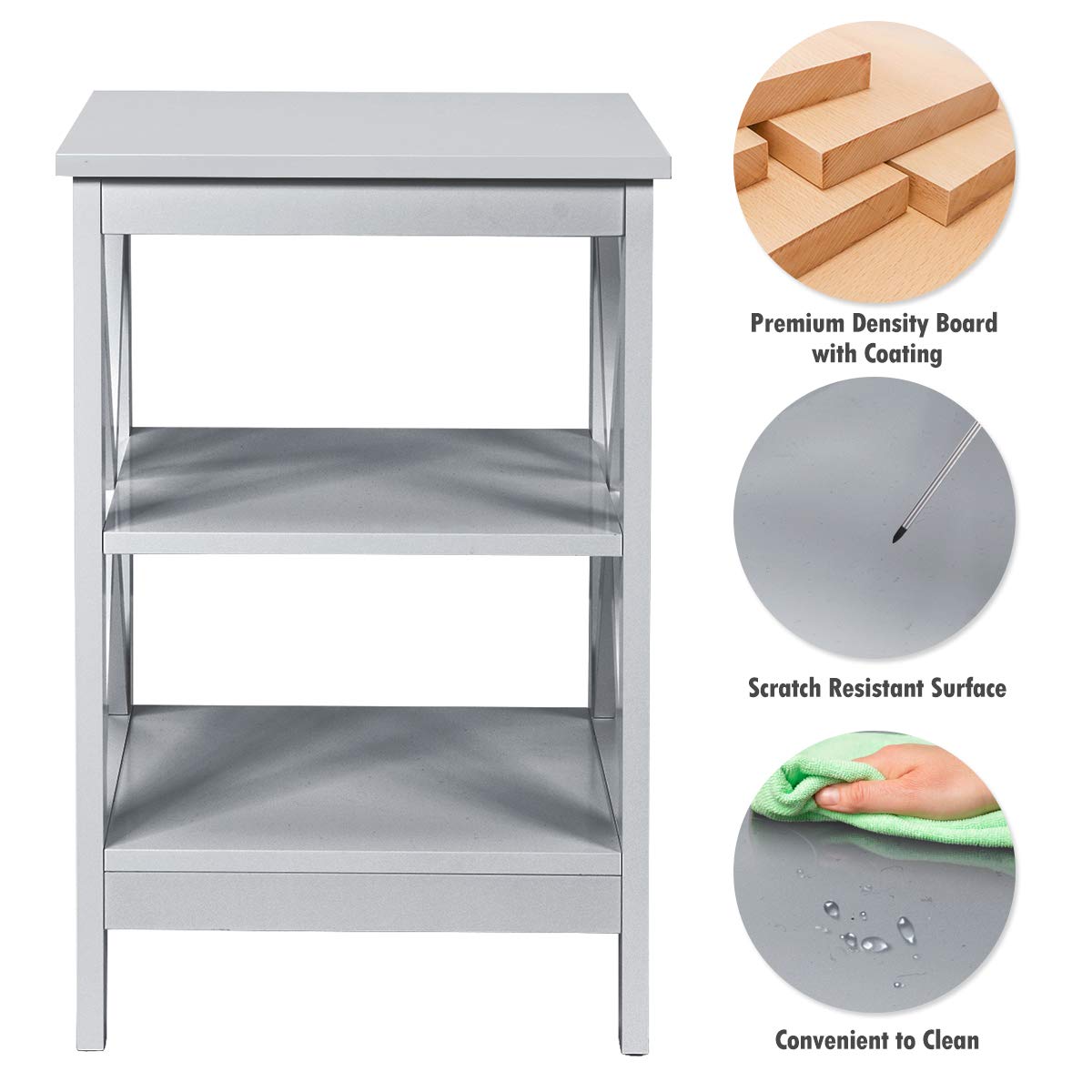 Nightstand 3-Tier X-Design W/Storage Shelves and Stable Structure Storage Organizer Display Sofa Side Table