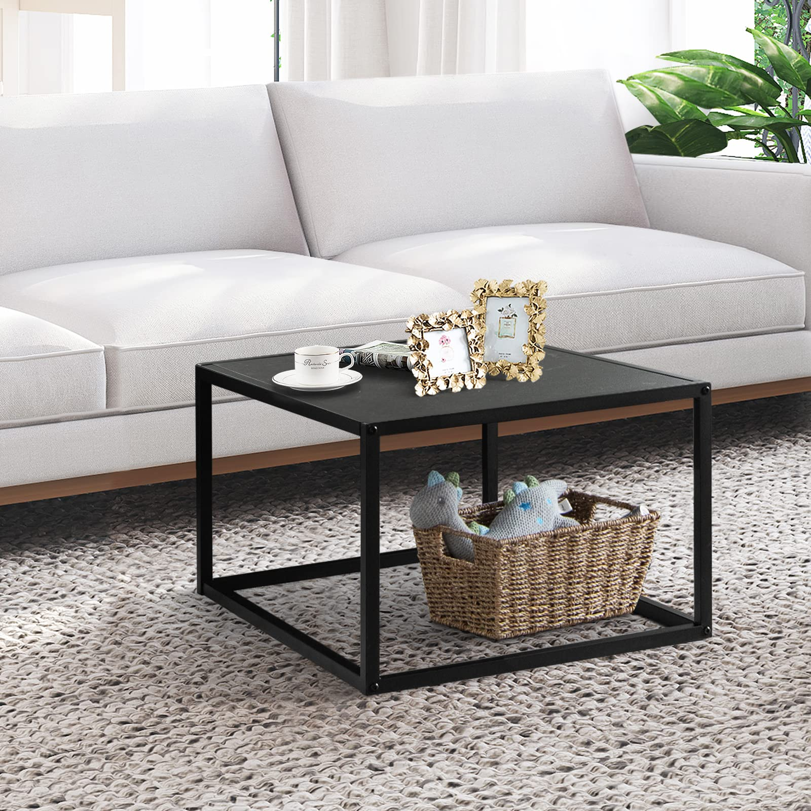 Giantex Modern Square Coffee Table with Faux Marble Tabletop & Steel Frame