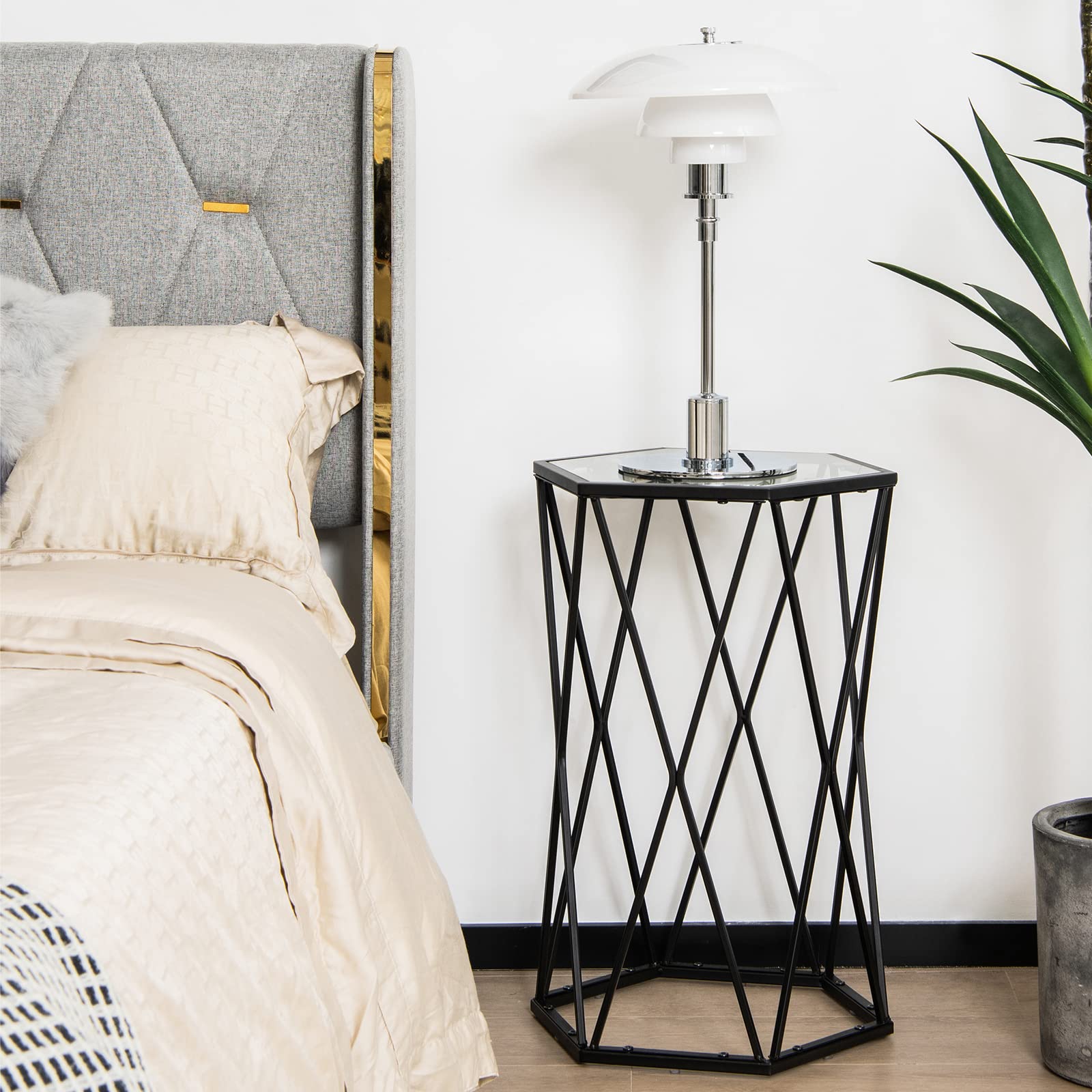 Giantex End Table w/Glass Top, Metal Frame, Small Coffee Accent Table for Small Space( 16" x 13.5" x 24")