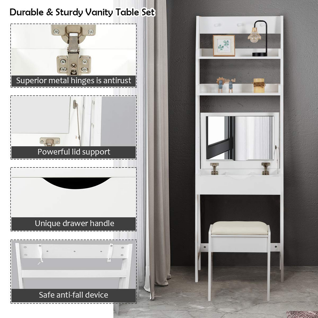 CHARMAID 3-in-1 Vanity Set with Flip Top Mirror, 6 Makeup Organizers, 2 Storage Shelves