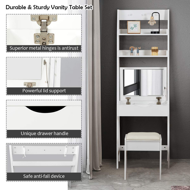 CHARMAID 3-in-1 Vanity Set with Flip Top Mirror, 6 Makeup Organizers, 2 Storage Shelves