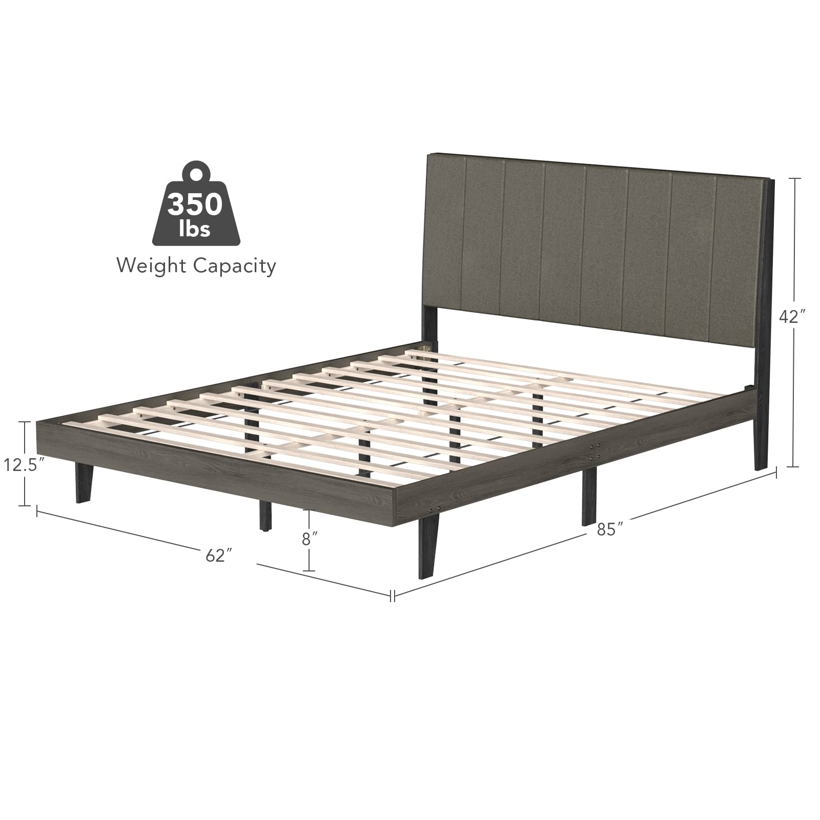 Wooden Slats Support Queen Mattress Foundation with Tufted Headboard, Grey