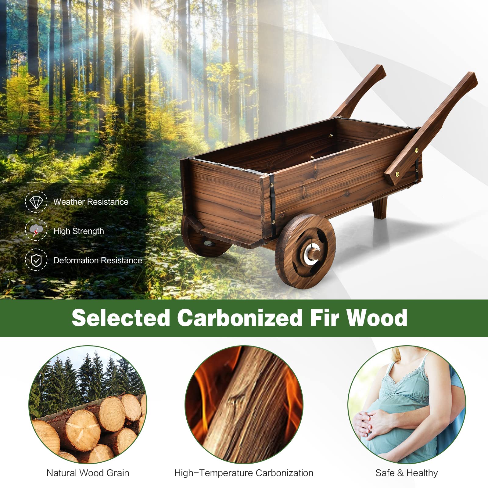 Giantex Wooden Wagon Planter Box, Decorative Wagon Cart with Wheels, Handles