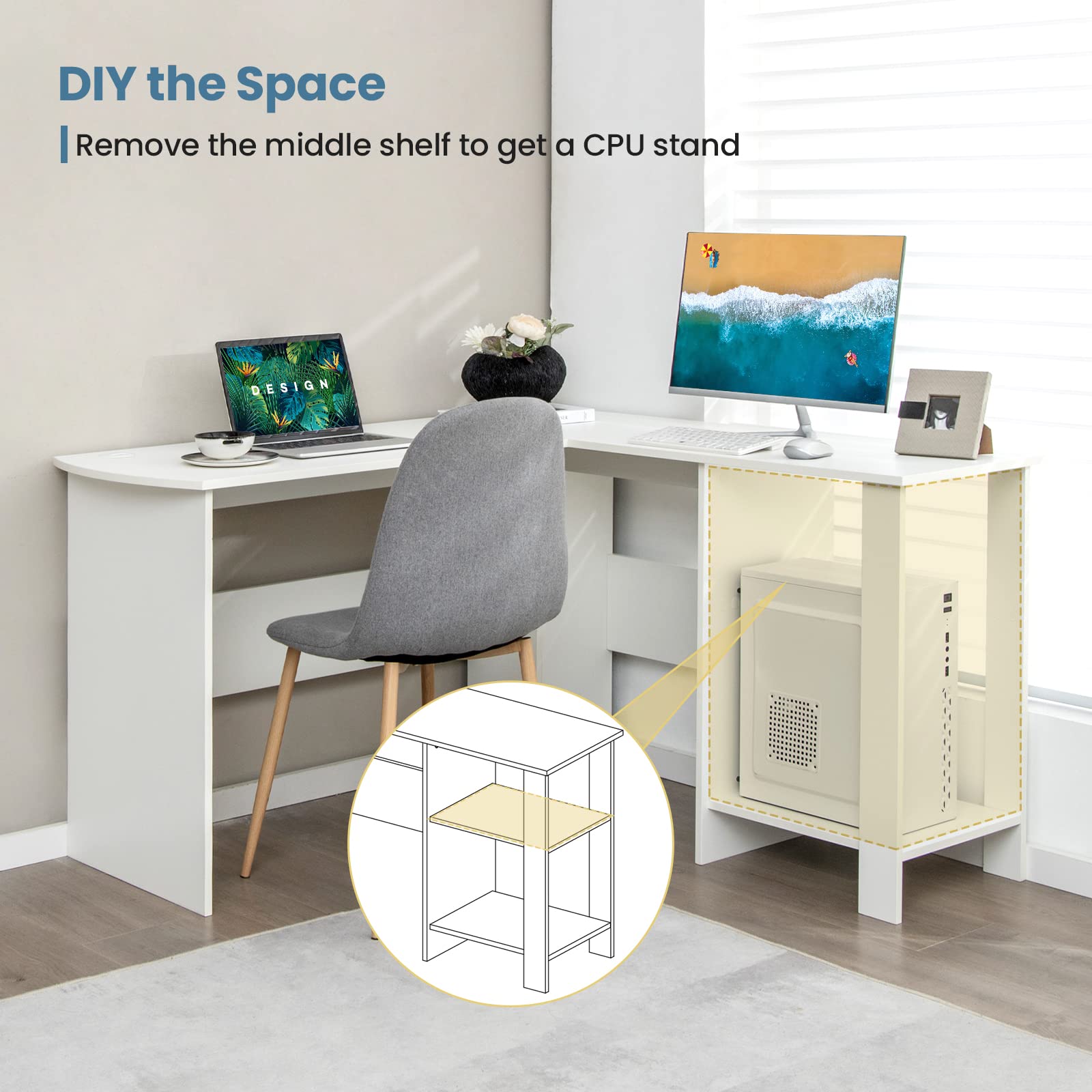 Giantex L Shaped Computer Desk, 51" Large Corner Desk with 2 Cable Holes & 2 Storage Shelves, White