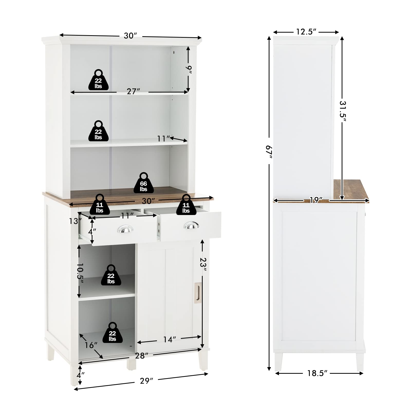 Giantex Buffet Cabinet with Storage Hutch, Tall Kitchen Sideboard, 67" Freestanding High Pantry (White)