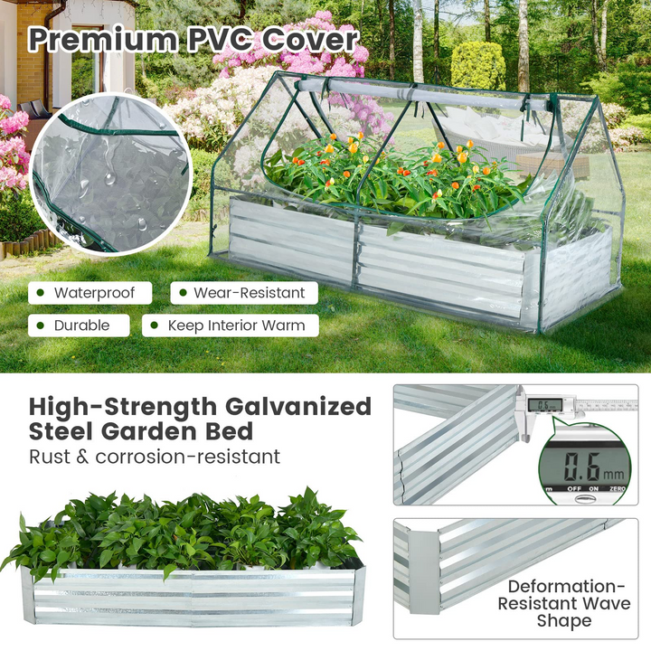 plastic galvanized planter Giantex Galvanized Steel Raised Garden Bed with Mini Greenhouse, Outdoor Metal Planter Box Kit with Large Roll-up PVC Cover