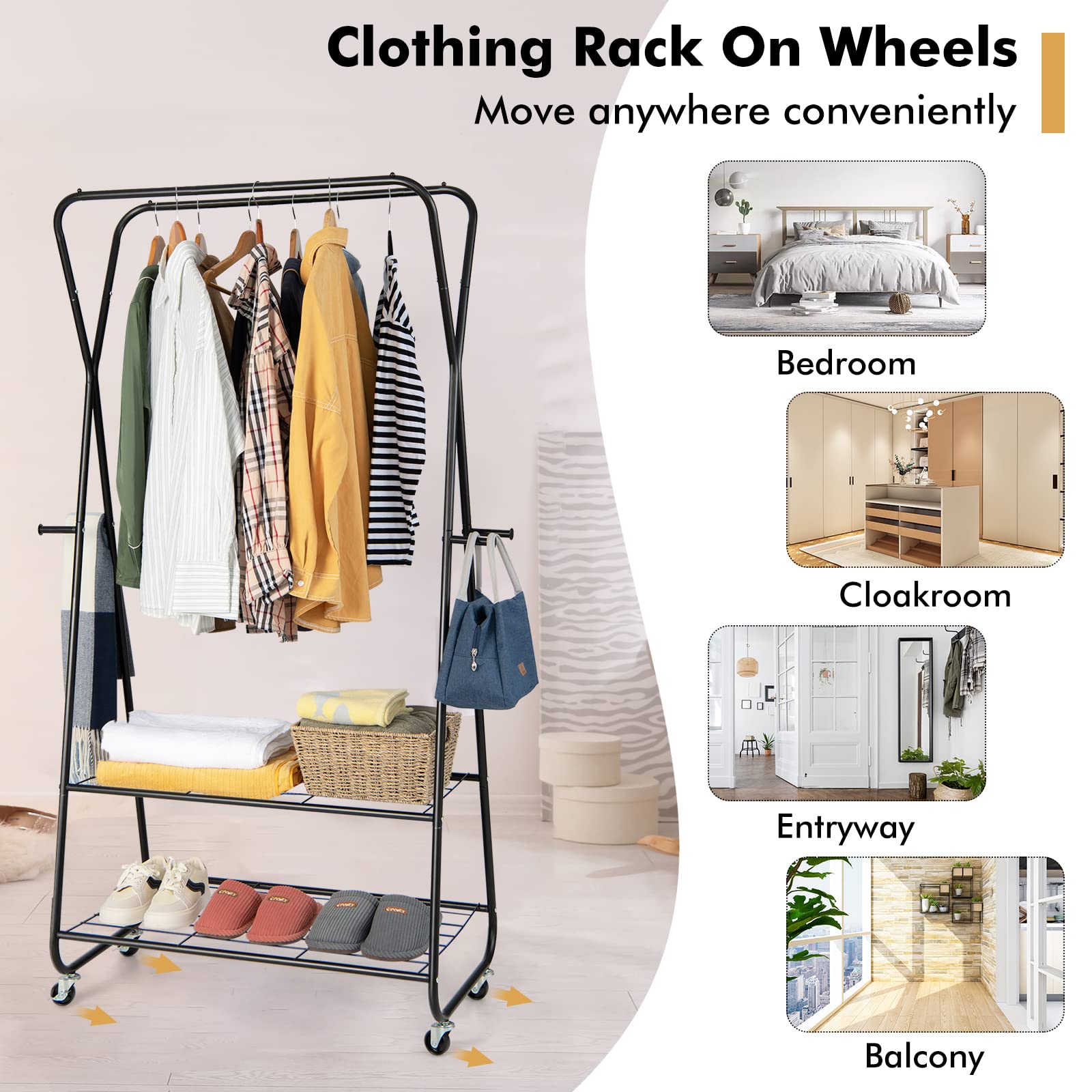 Giantex Metal Rolling Garment Rack, Clothing Rack with Wheels, Double Hanging Rods, 2 Shelves, 4 Hooks
