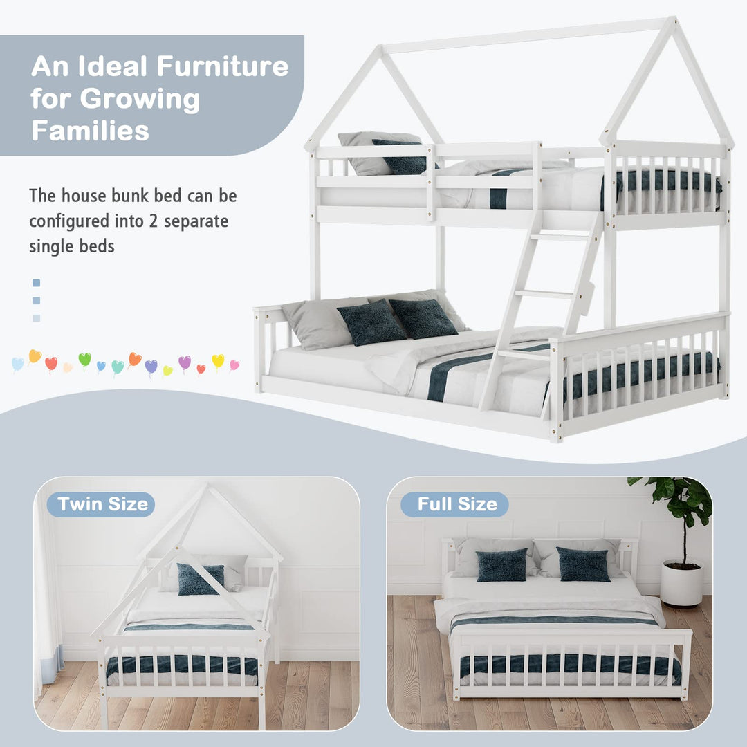 Giantex Twin Over Full House Bunk Bed, Floor Low Bunk Bed Frame w/Integrated Ladder & Safety Guardrails