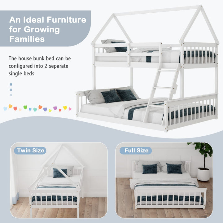 Giantex Twin Over Full House Bunk Bed, Floor Low Bunk Bed Frame w/Integrated Ladder & Safety Guardrails