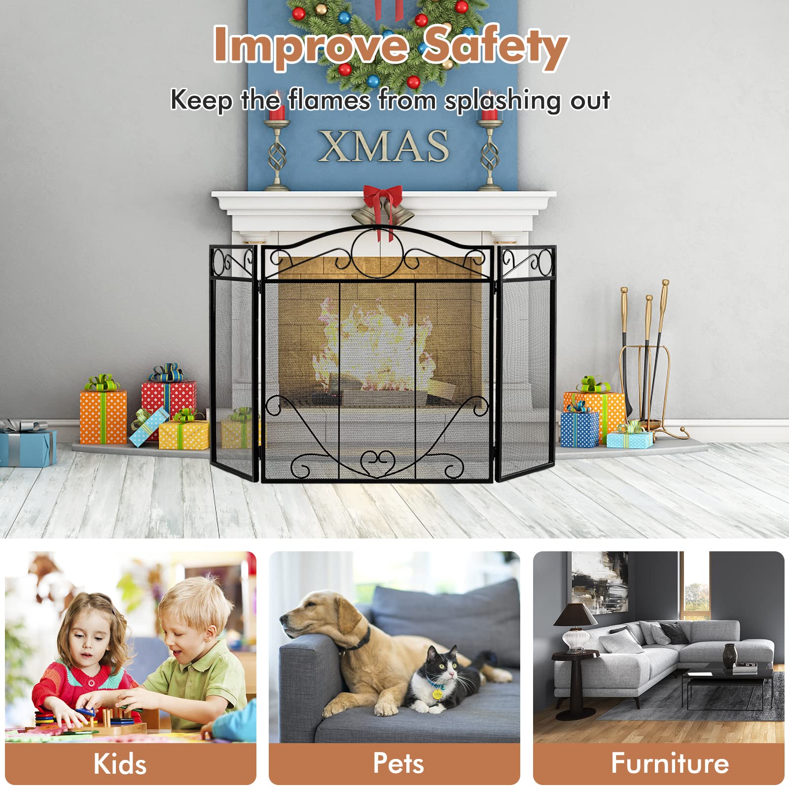 Giantex Foldable 3-Panel Fireplace Screen Black - 50x29 Inch No Assembly Required Freestanding Steel Mesh Fire Screen