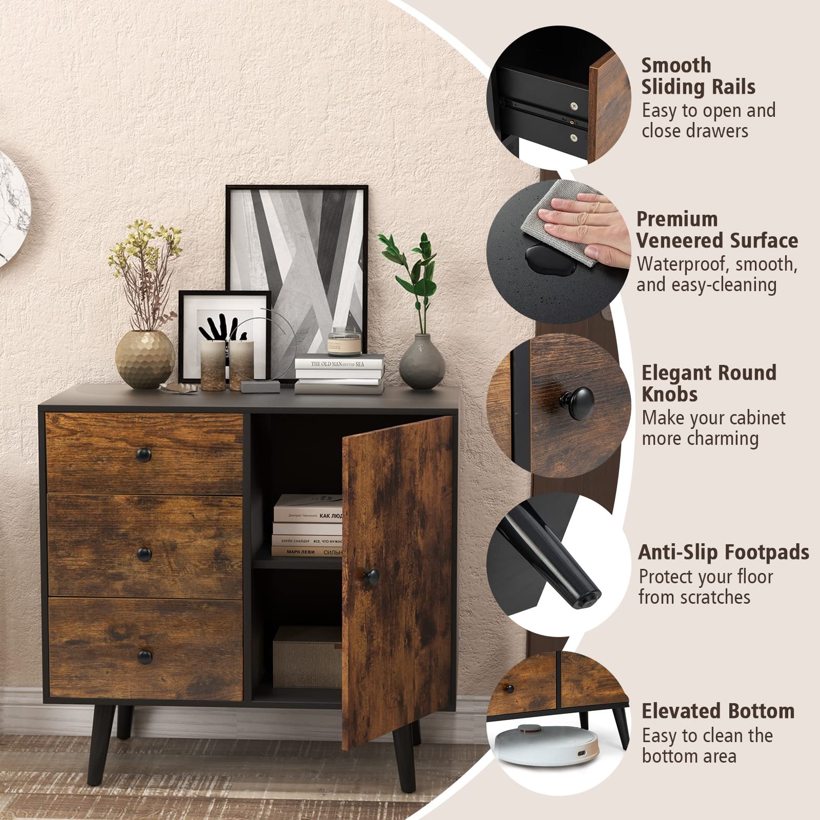 Giantex Storage Cabinet with 3 Drawers - Wood Buffet Sideboard W/Adjustable Shelf