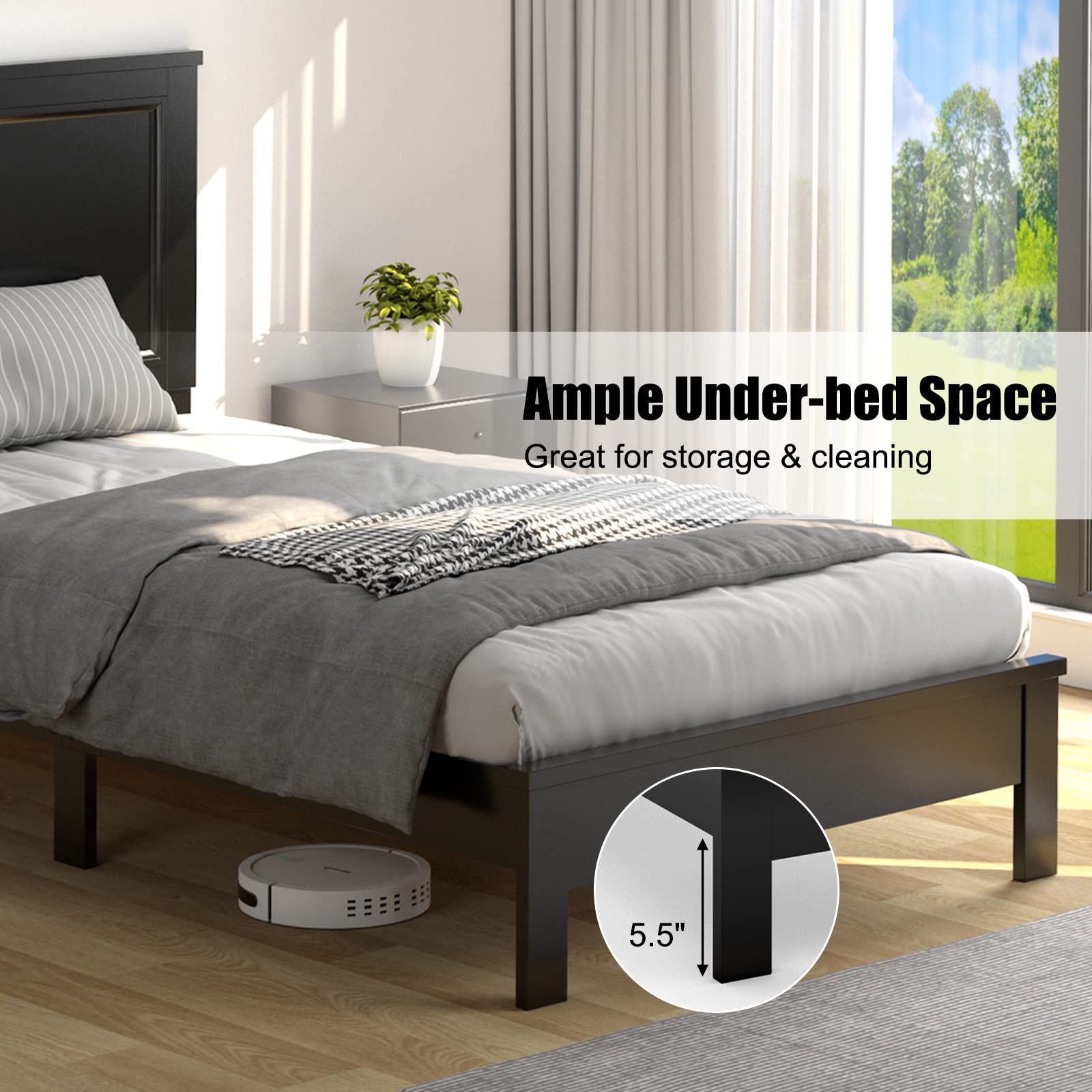 Platform Bed w/ Rubber Wood Legs & Integrated Headboard | Wooden Bed Frame