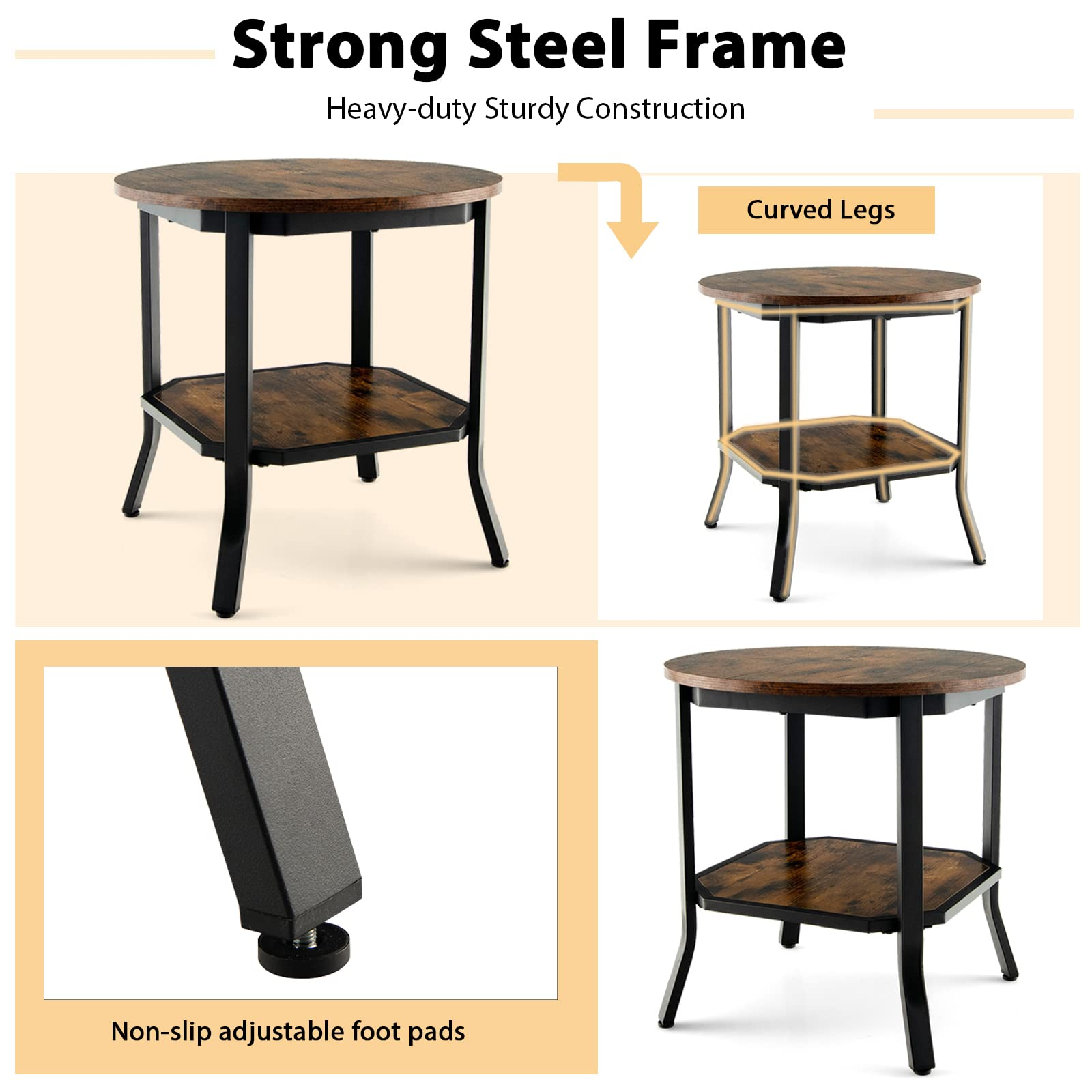Giantex Round End Table, Industrial Nightstand w/Storage Shelf