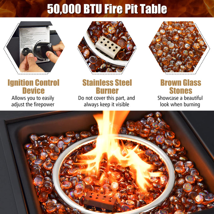Giantex 32" Patio Propane Fire Table - 50,000 BTU Square Metal Fire Table with Lid, PVC Cover, Glass Stones