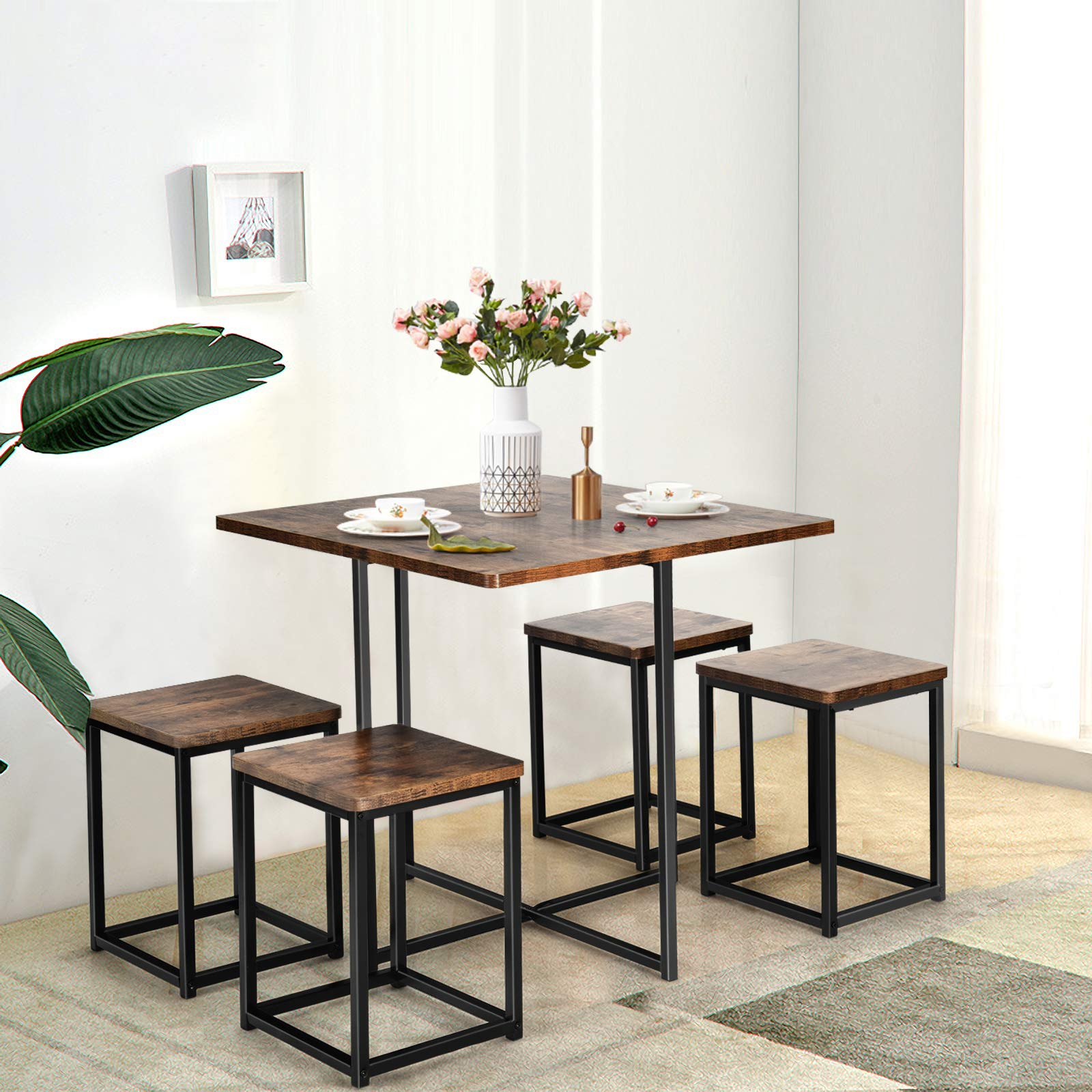 5 Piece Dining Table Set, Dining Set for 4 with Square Stools, Walnut & Black