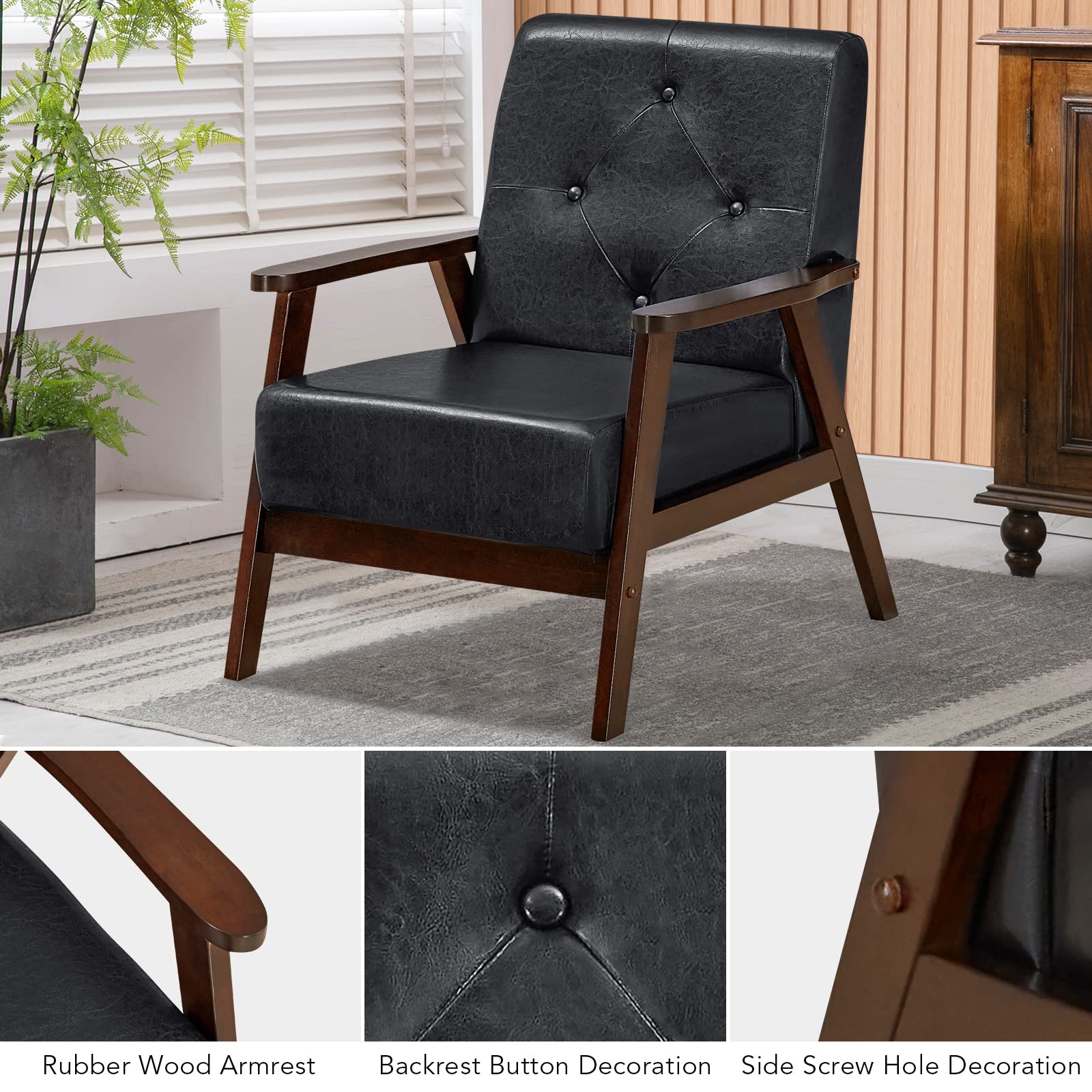 Giantex Accent Chair, Mid Century Living Room Chair, Black PU Leather Armchair