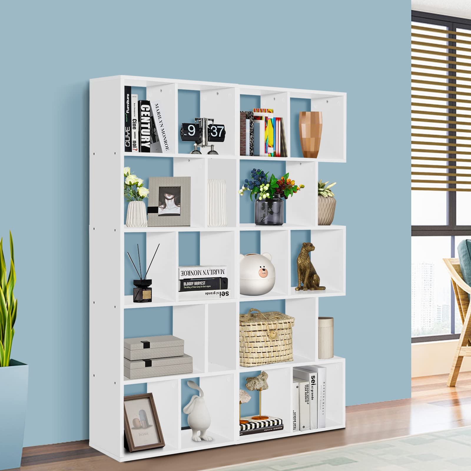 Giantex 5-Tier Geometric Bookcase White, Freestanding S-Shaped Display Shelves with Anti-Tipping Device