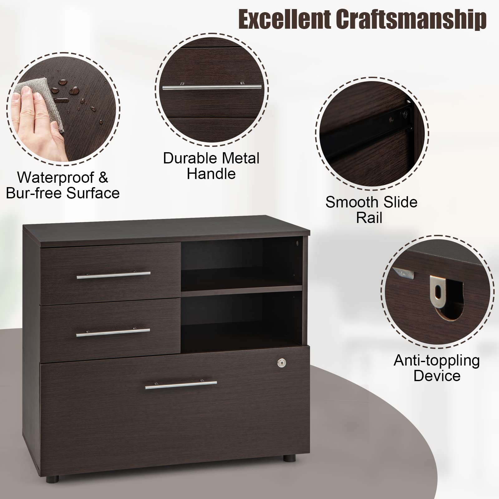 Giantex 3-Drawer Lateral File Cabinet - Under Desk Printer Stand with Storage Shelves