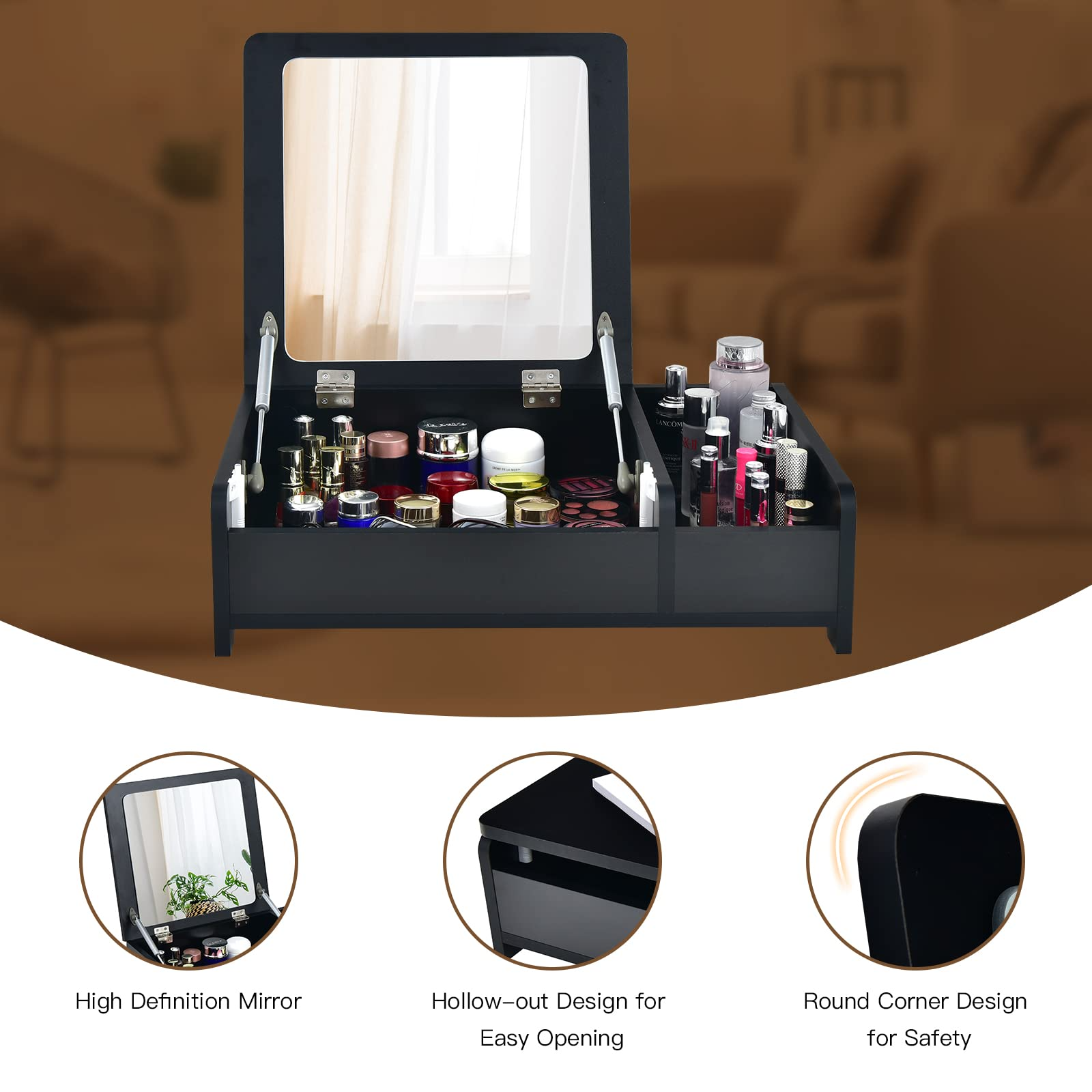 Countertop Vanity with Flip Top Mirror, 24inch Tabletop Laptop Desk with 2 Compartments Organizer