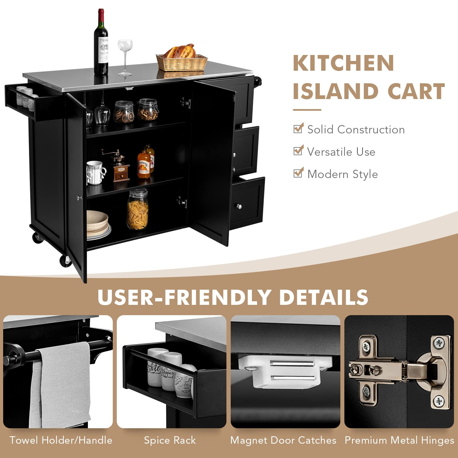Giantex Kitchen Island with Stainless Steel Countertop, Dark Brown
