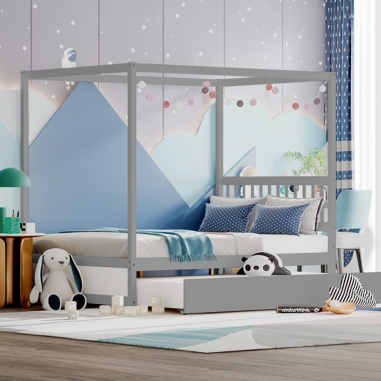 Giantex Canopy Bed w/ Trundle, Full Size Kids Solid Wood Platform Bed Frame