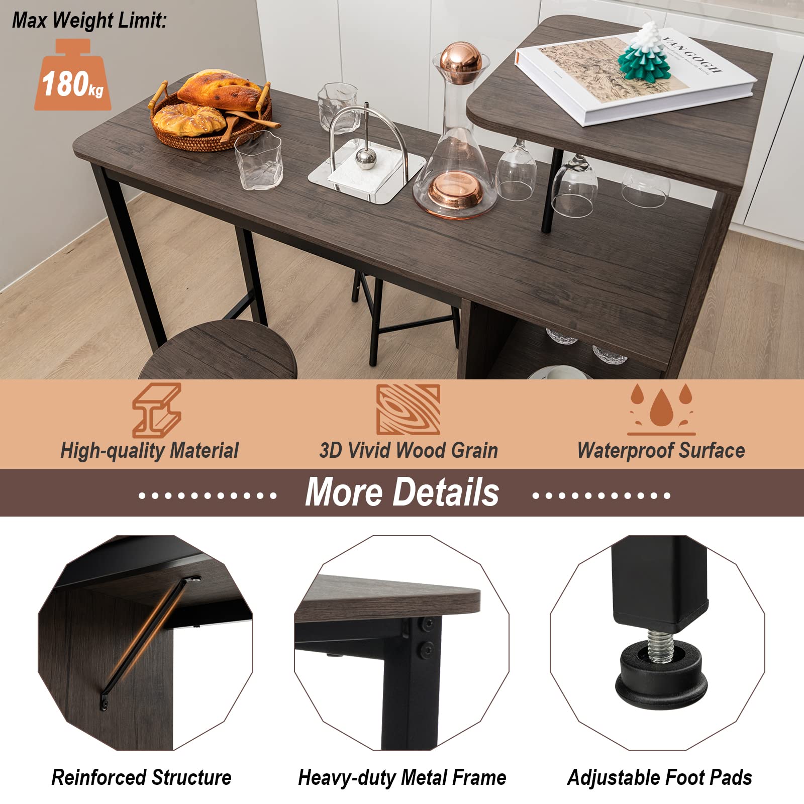 Giantex 3 Pieces Bar Table and Stools Set, Bistro Table Set with Glass Holder (Brown)