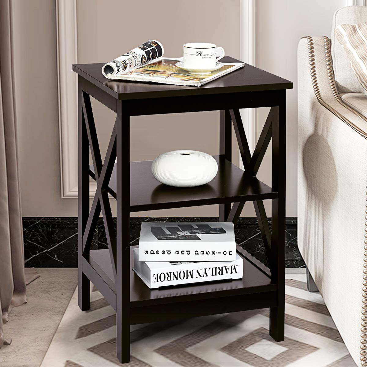Nightstand 3-Tier X-Design W/Storage Shelves and Stable Structure Storage Organizer Display Sofa Side Table